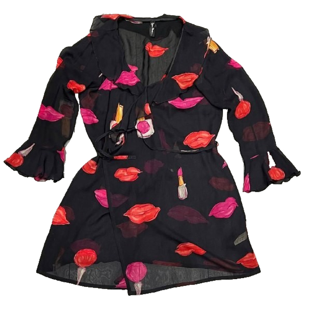 Gideon Oberson Black 100% silk beachwear robe cover up Large A004701 - Picture 2 of 8